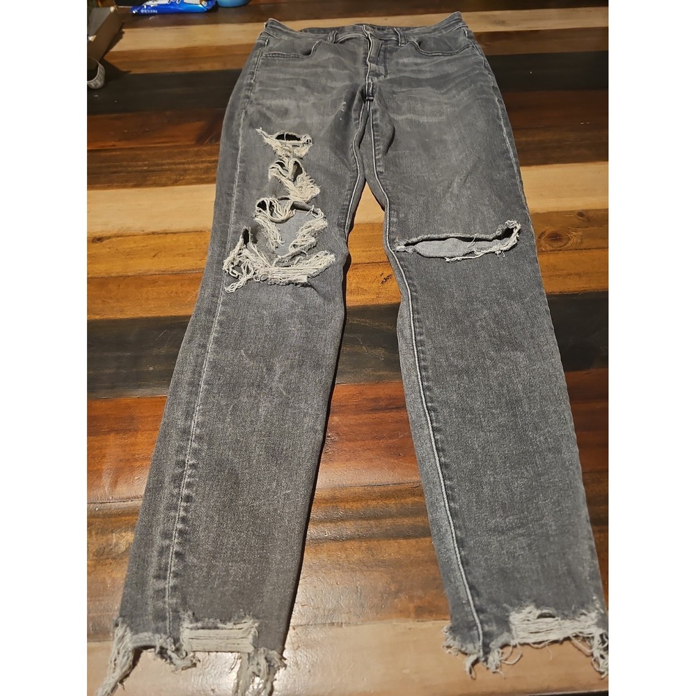 American Eagle Next Level Stretch Jeans Womens 6 Gray Distressed Rip Skinny 0005